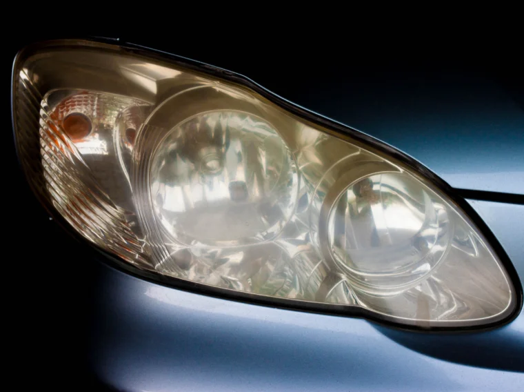 The cloudy headlights of a car with a dark color.